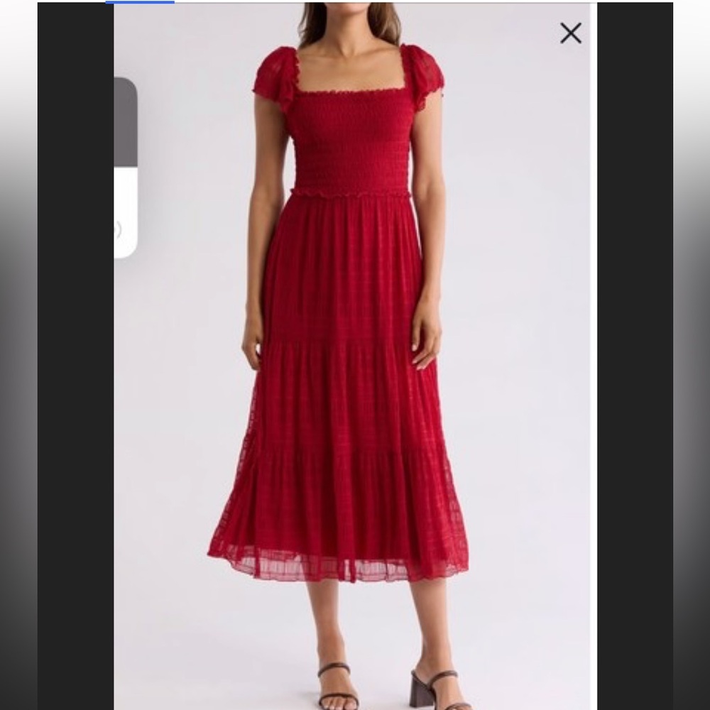 Max Studio Red Smocked Midi Dress